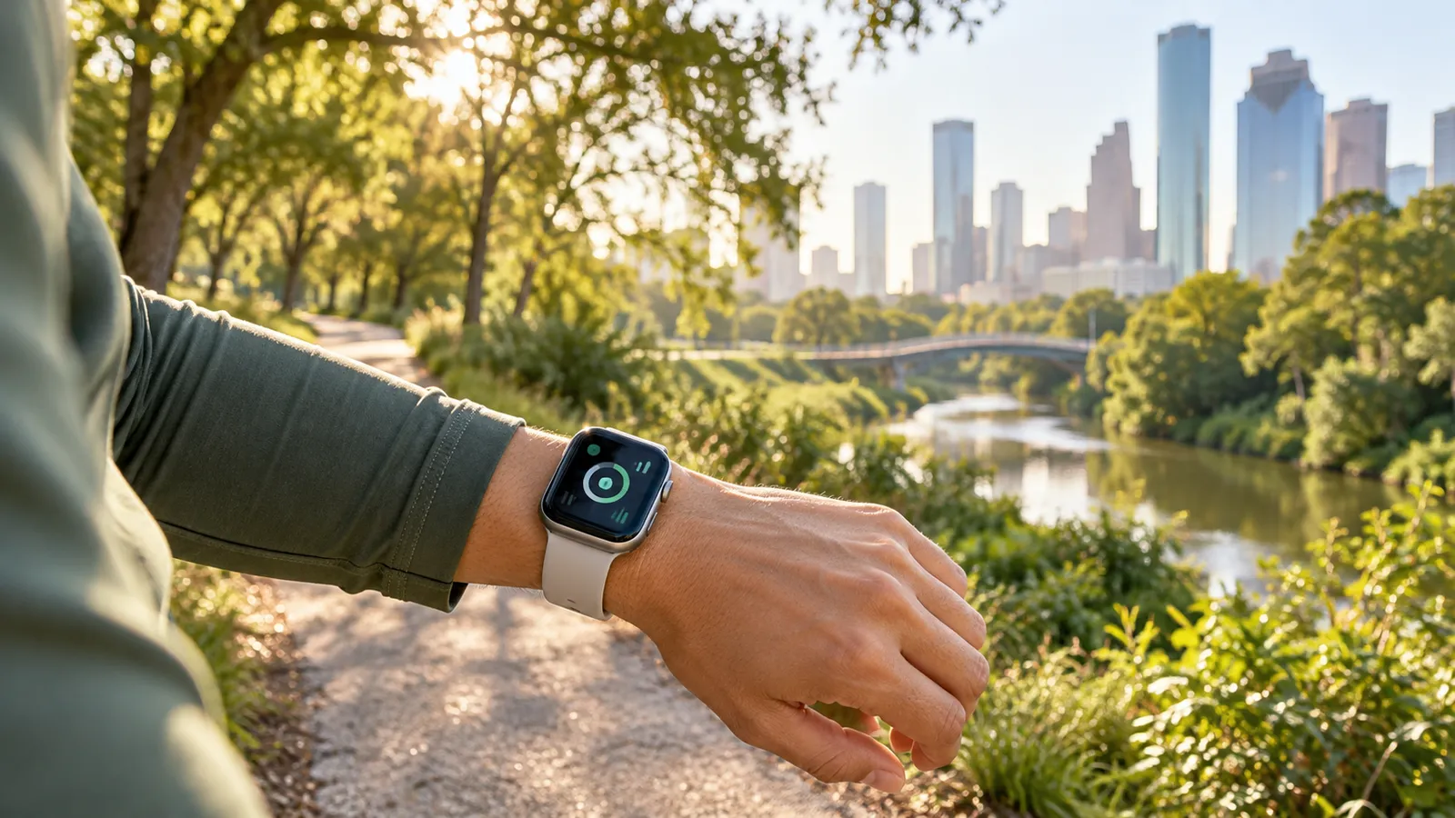 Una persona observa un reloj de actividad durante un paseo junto a un parque urbano.
